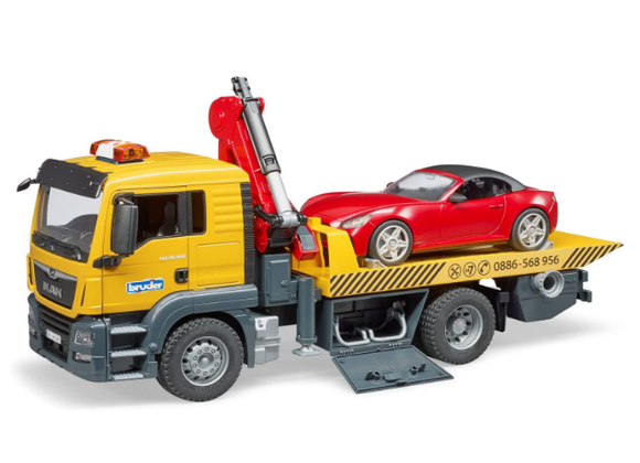 BRUDER 3750 MAN TGS TOW TRUCK AND ROADSTER WITH LIGHTS AND SOUNDS