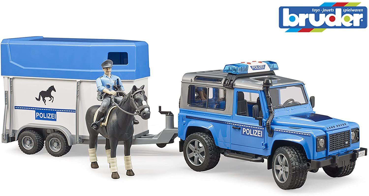 BRUDER 2588 Land Rover Defender Police Car with Horse Box Horse and Policeman