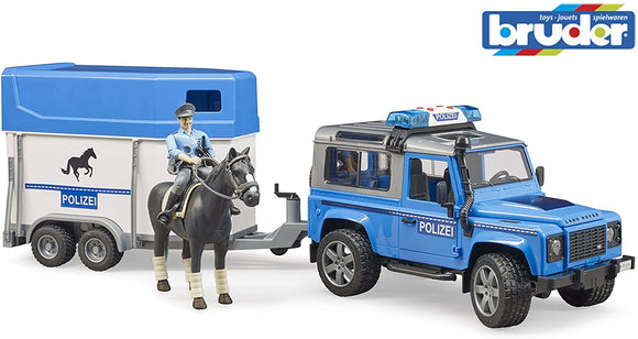 BRUDER 2588 Land Rover Defender Police Car with Horse Box Horse and Policeman