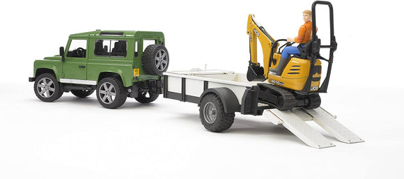 BRUDER 2593 Land Rover Defender with One Axle Traile, JCB Micro Excavator and Worker