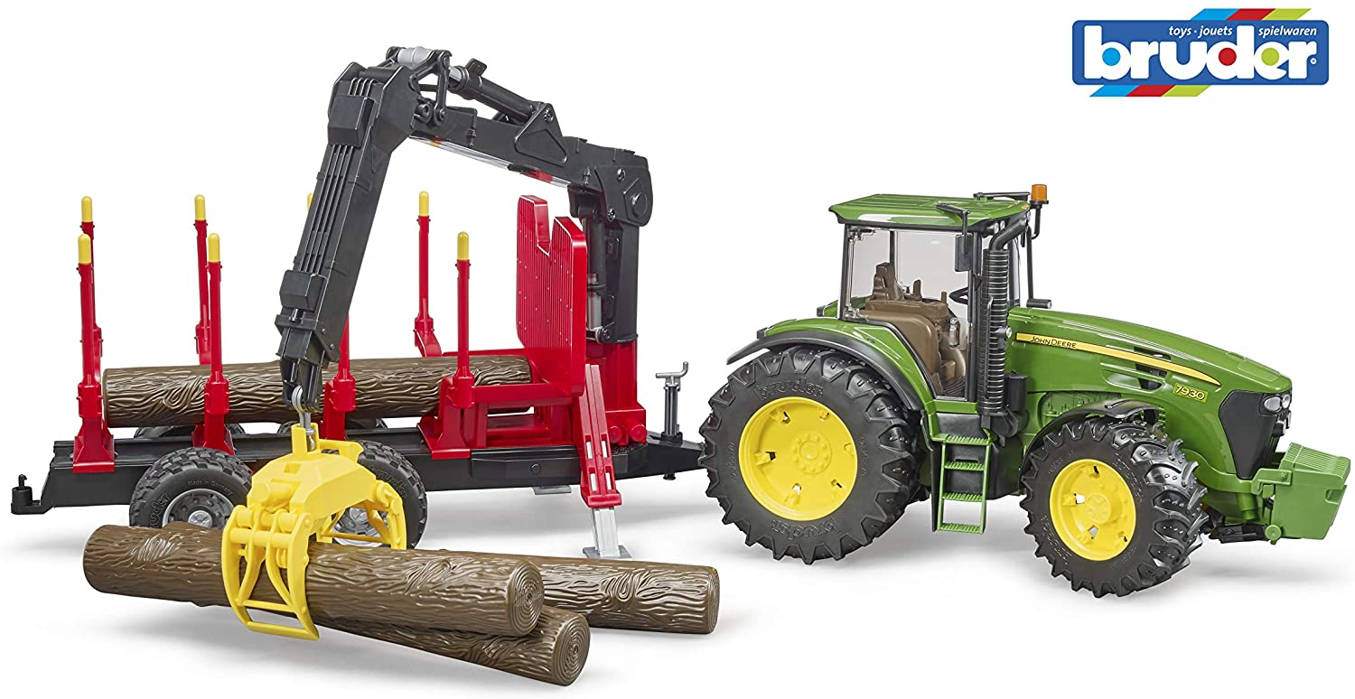 BRUDER 3054 John Deere 7930 Tractor with Forestry Trailer and 4 Trunks