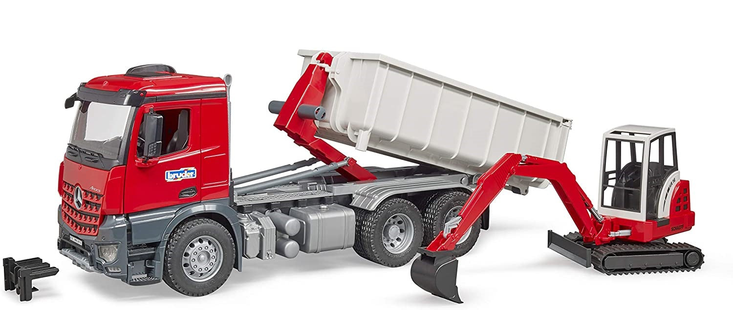 BRUDER 3624 Mercedes Benz Arocs Roll off Tipper with Mini Digger