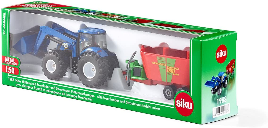 SIKU 1988 NEW HOLLAND WITH FRONT LOADER & STRAUTMANN FODDER MIXER 1:50 SCALE