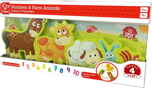 HAPE E1628 WOODEN NUMBERS AND FARM ANIMALS DOUBLE SIDED PUZZLE