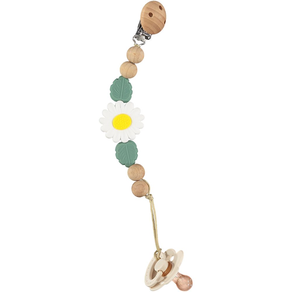 Nibbling Silicone & Wood soother clip Daisy White Dummy Pacifier