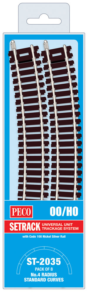 PECO ST-2035 NO.4 RADIUS STANDARD CURVE  571.5MM (22½IN) RADIUS OO GAUGE SETRACK CODE 100 RIGID UNIT NICKEL SILVER TRACK WOODEN SLEEPERS