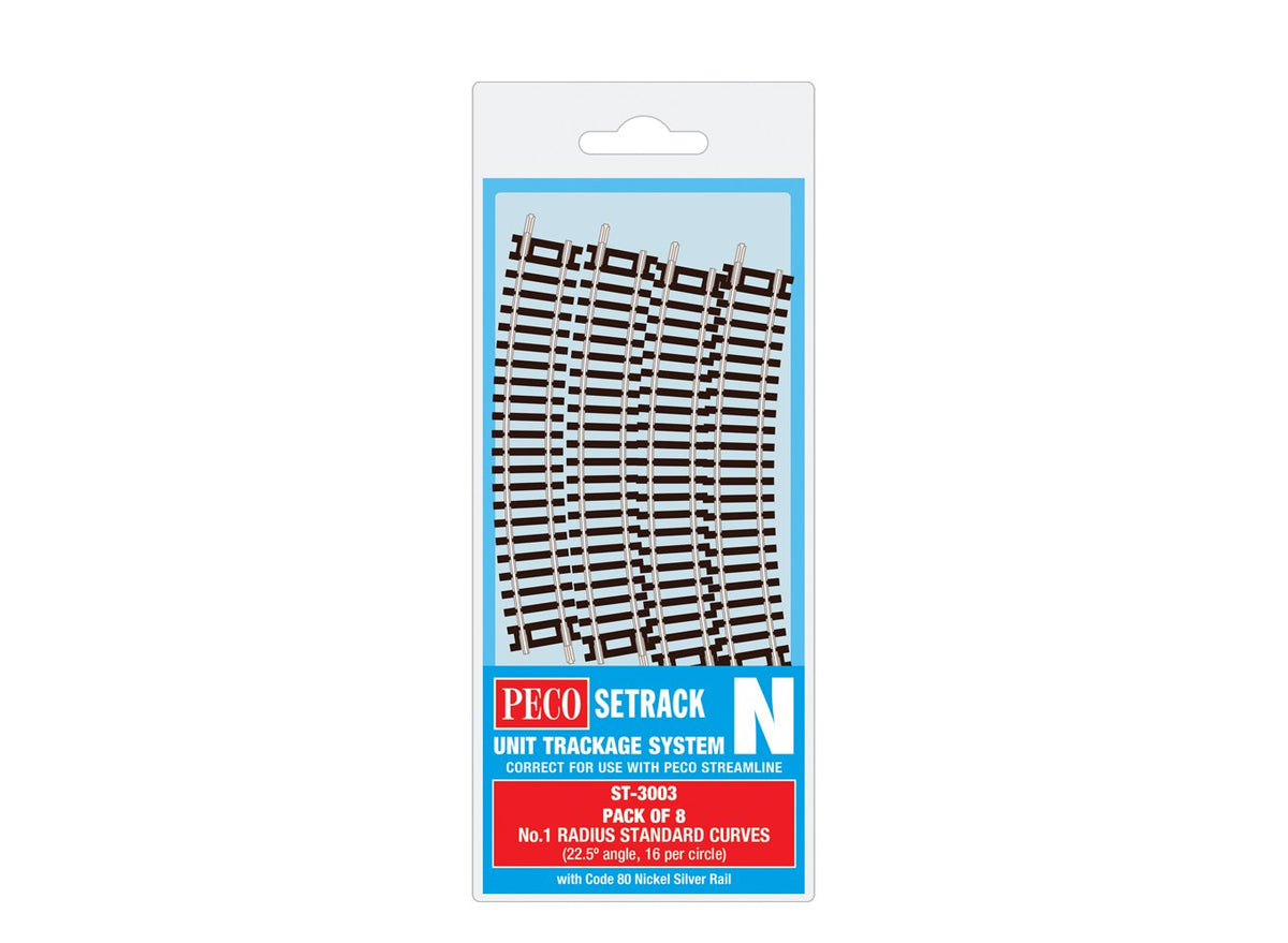 PECO ST-3003 NO.1 RADIUS STANDARD CURVE 228MM RADIUS (8 X ST-3) N GAUGE SETRACK CODE 80 CURVED TRACK  PACKS