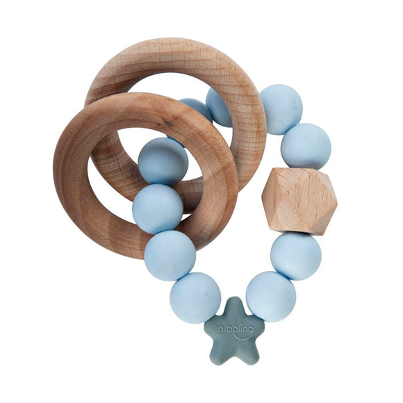 Nibbling Stellar Natural Wood Teething Toy – Soft Blue