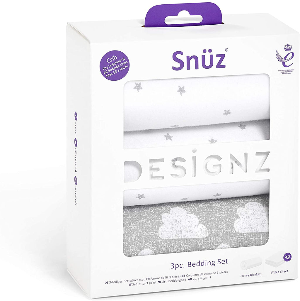 Snuz 3 Piece Cloud Grey/White Bedding Set For SnuzPod Bedside Crib